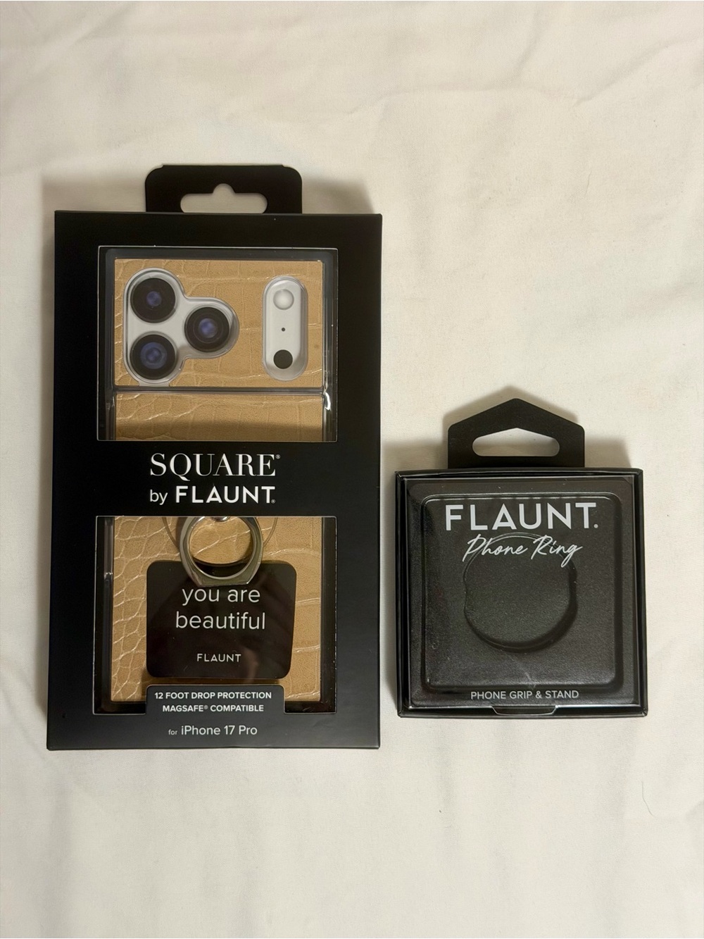 FLAUNT Square-Tan Crocodile Faux Leather for iPhone 17 Pro with Phone Ring/Stand